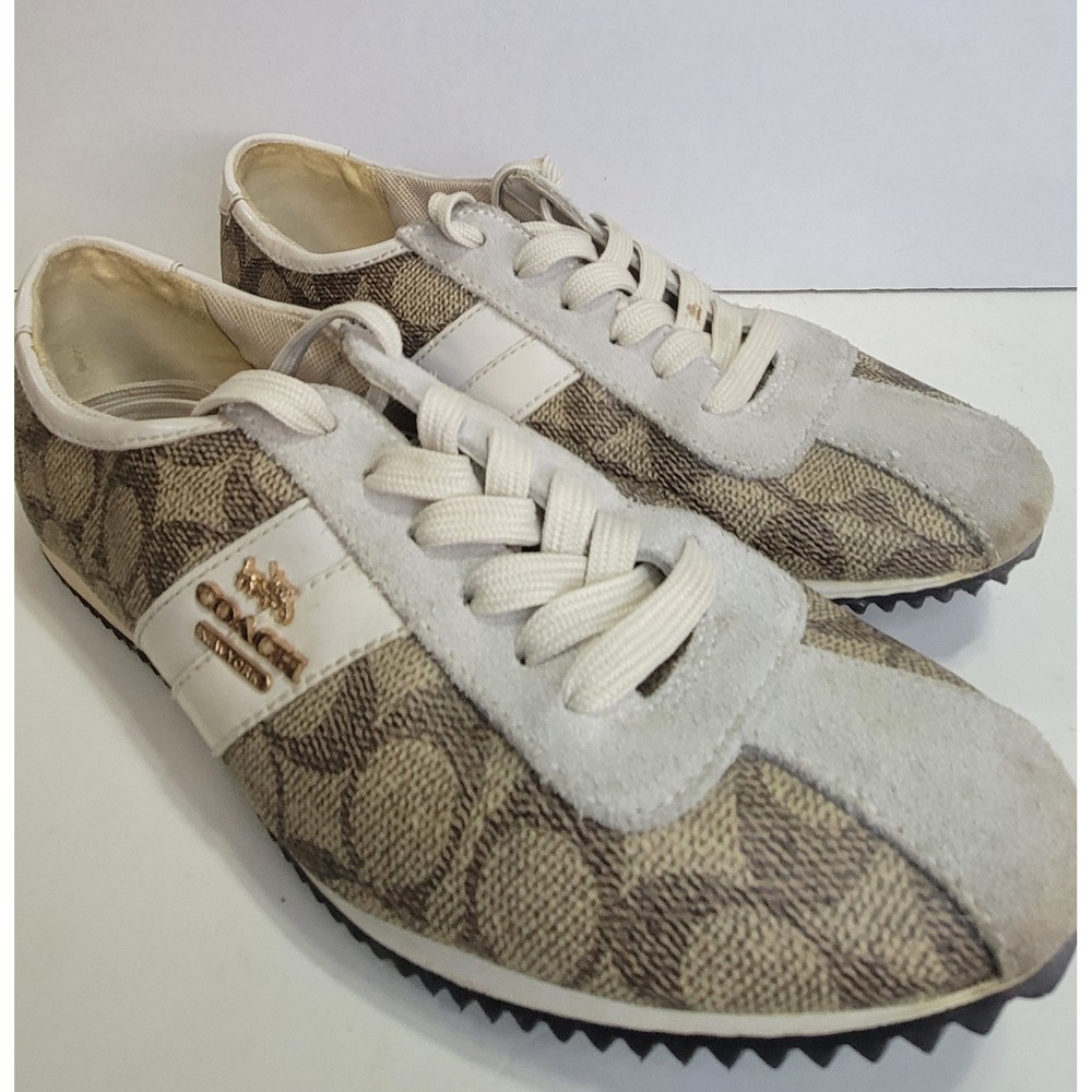 Coach Ivy Signature Monogram Khaki White Suede Sneakers A00240 Womens 6
